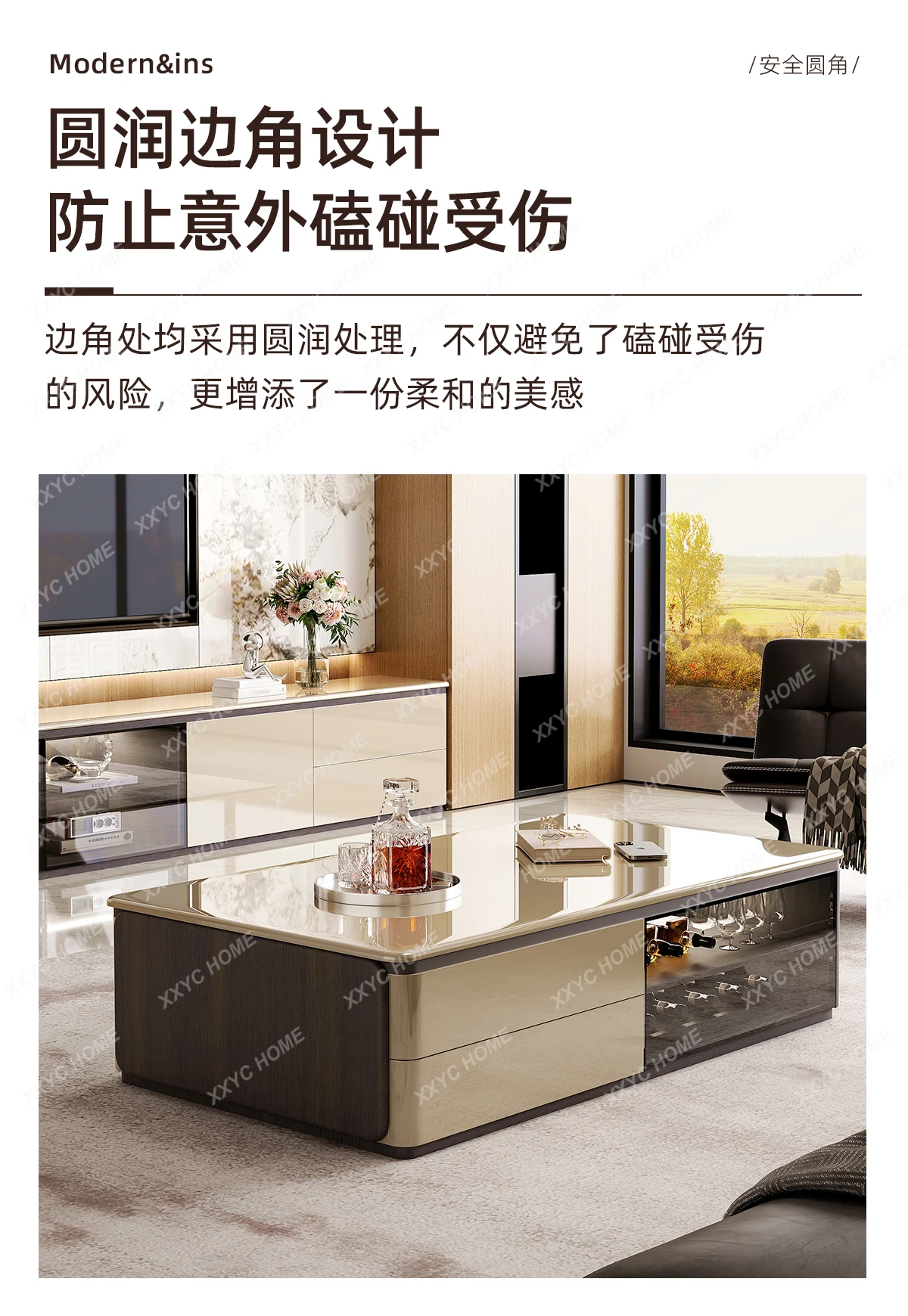

YYLight luxury TV cabinet solid wood floor-to-ceiling living room high glass coffee table combination baking paint