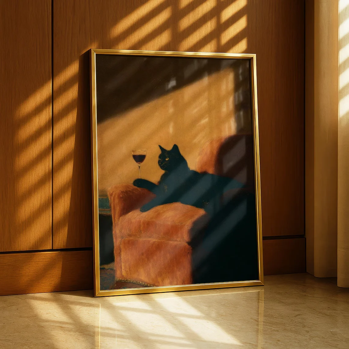 Black Cat with Wine Wall Print Decor - Cozy Oil Painting of a Black Cat Relaxing on an Orange Armchair with a Glass of Red Wine,