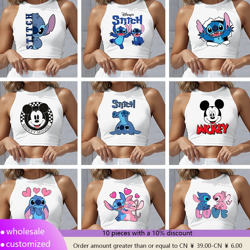 

Disney Pattern Clothes Mickey Women Vintage Cartoon Print Sleeveless Stitch Halloween Ladies Workout Sports Shirts Crop Top