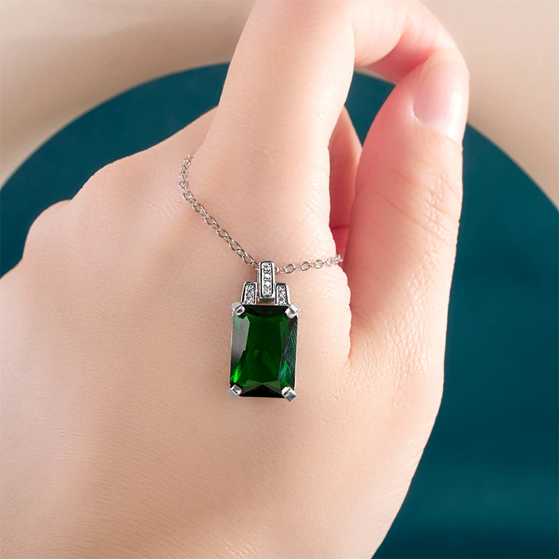 JoiasHome 925 Sterling Silver Necklace for Women 8*14mm Emerald Square Pendant 45cm Clavicle Chain Female Wedding Dinner Gift