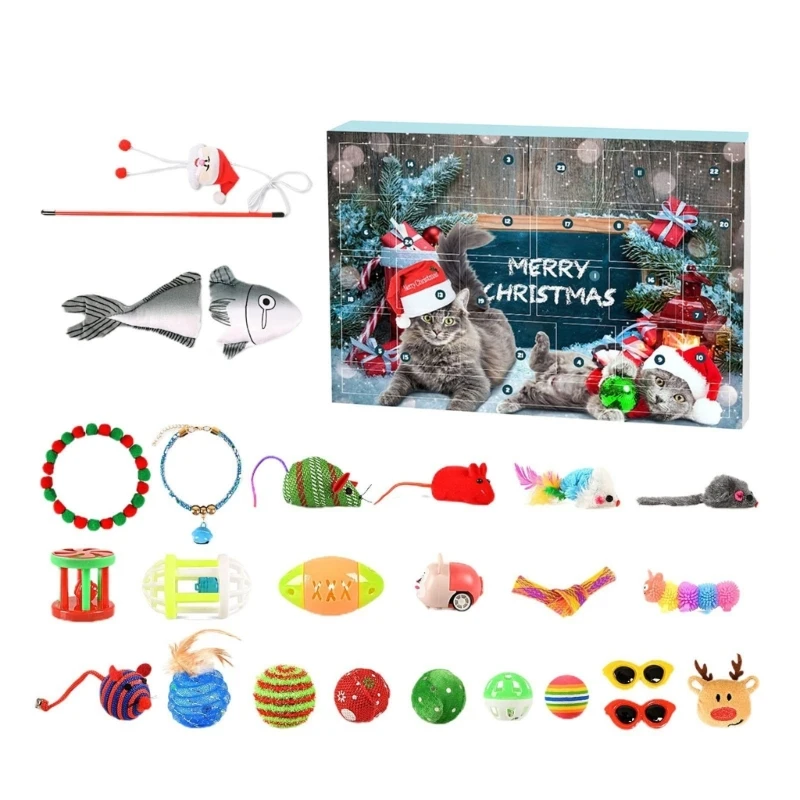 Advent Calendar Cats Toy with Cartoon Fish Rod Cats Exercise Indoor Toy Felines Wand Teaser Toy Cats Toy