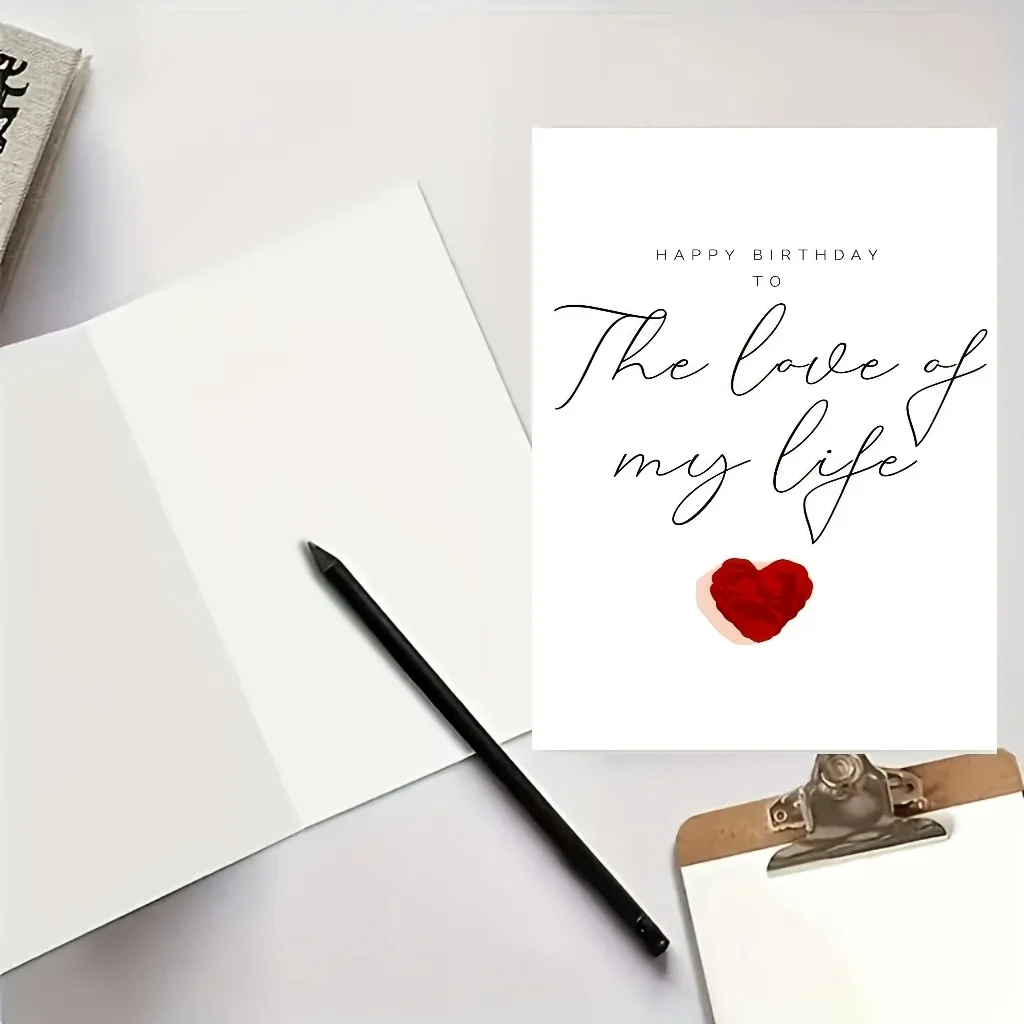 1 romantische Geburtstagskarte für Sie/Sie – „Happy Birthday to the Love of My Life“-Nachricht mit rotem Herz und weißem kursivem Schriftzug – Detail 3