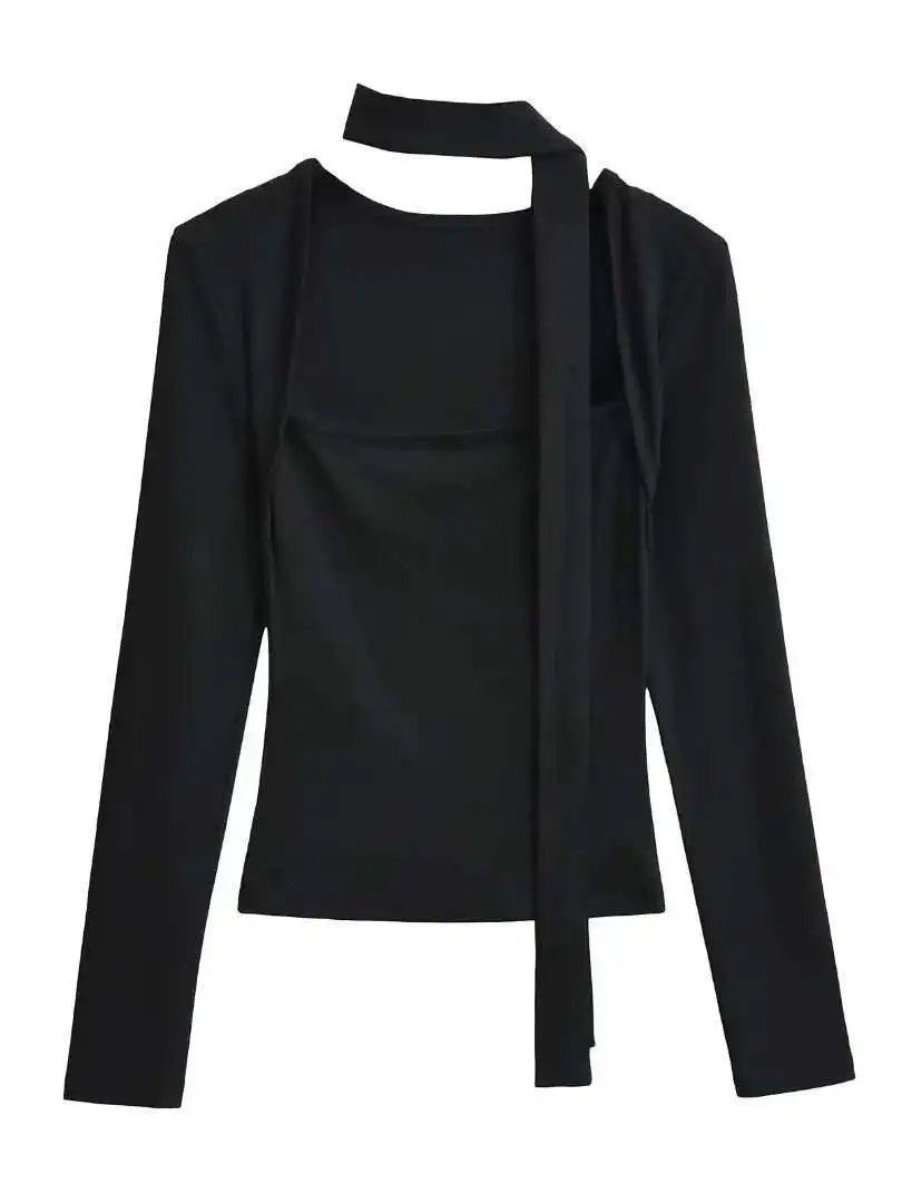 2024 Autunno/inverno New Sexy Spicy Girl Sciarpa a maniche lunghe Lace Up Pullover Vita stretta da donna Tinta unita Slim Top 16VJ