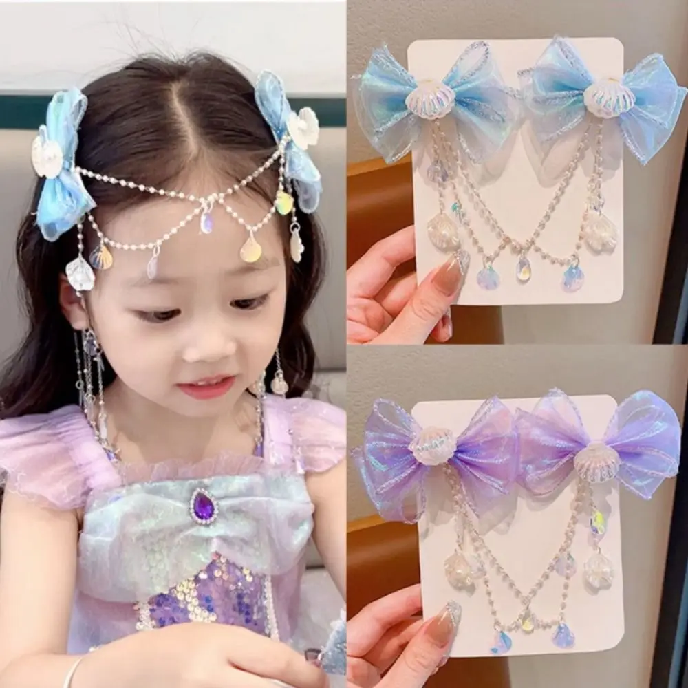 Fashion Cute Mermaid Princess Head Wear Children Baby Fresh Tassel Pearl Bow Ear Hook Headwear Women Girl Shell Fairy Decoration