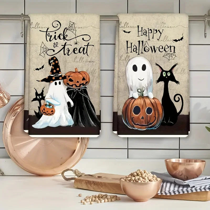 2 Halloween\ Holiday Party Kitchen Towels, Halloween Vintage Pumpkin Black Cat Bat - Spider Web Dark Pattern Decoration