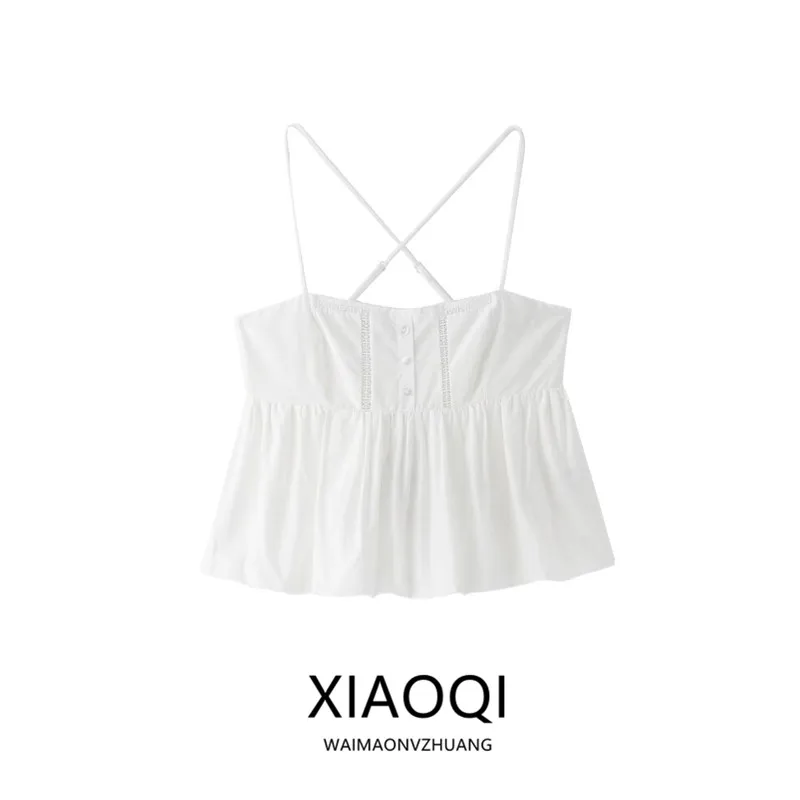 

Женский топ на бретельках из шелкового шифона с вертикальными оборками, белый, модный, летний 2024, укороченный, универсальный, из других материалов, 00% шелк