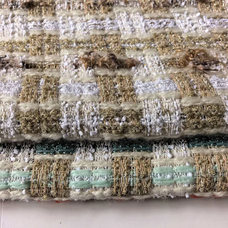 Tela Tweed Trenzada con Hilo Dorado y Patrón de Rejilla para Chaqueta, Vestido, Traje, Abrigo de Otoño para Mujer, Material de Costura DIY