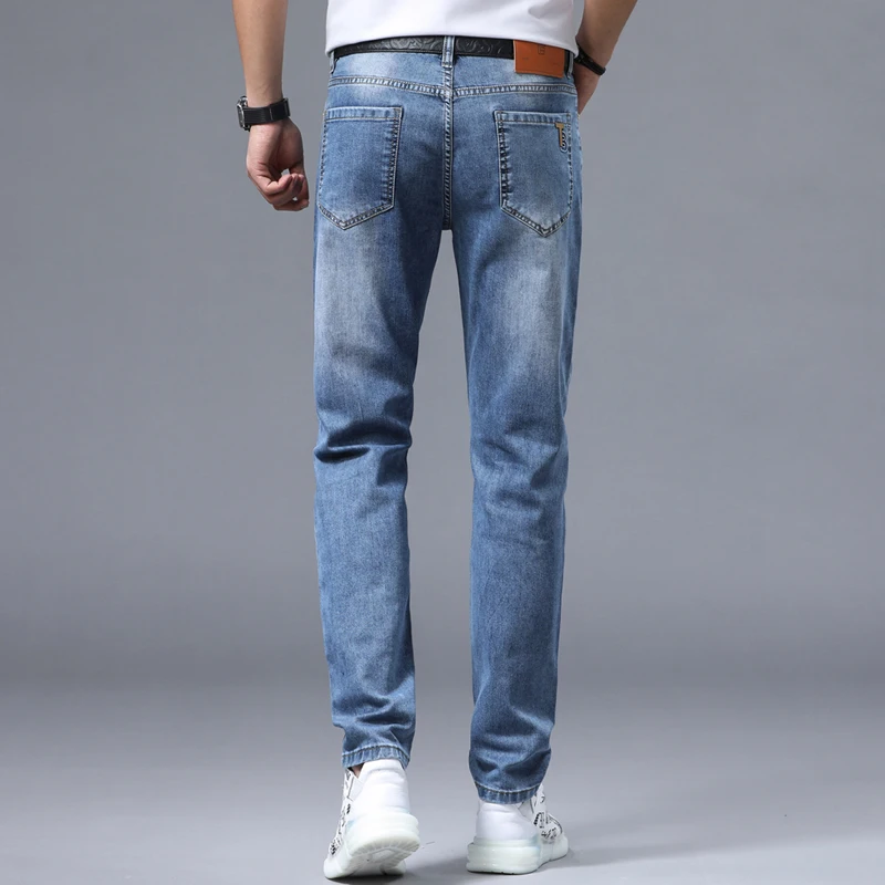 Summer thin section of light luxury high-end embroidery straight men's jeans light blue stretch versatile denim men's long pants