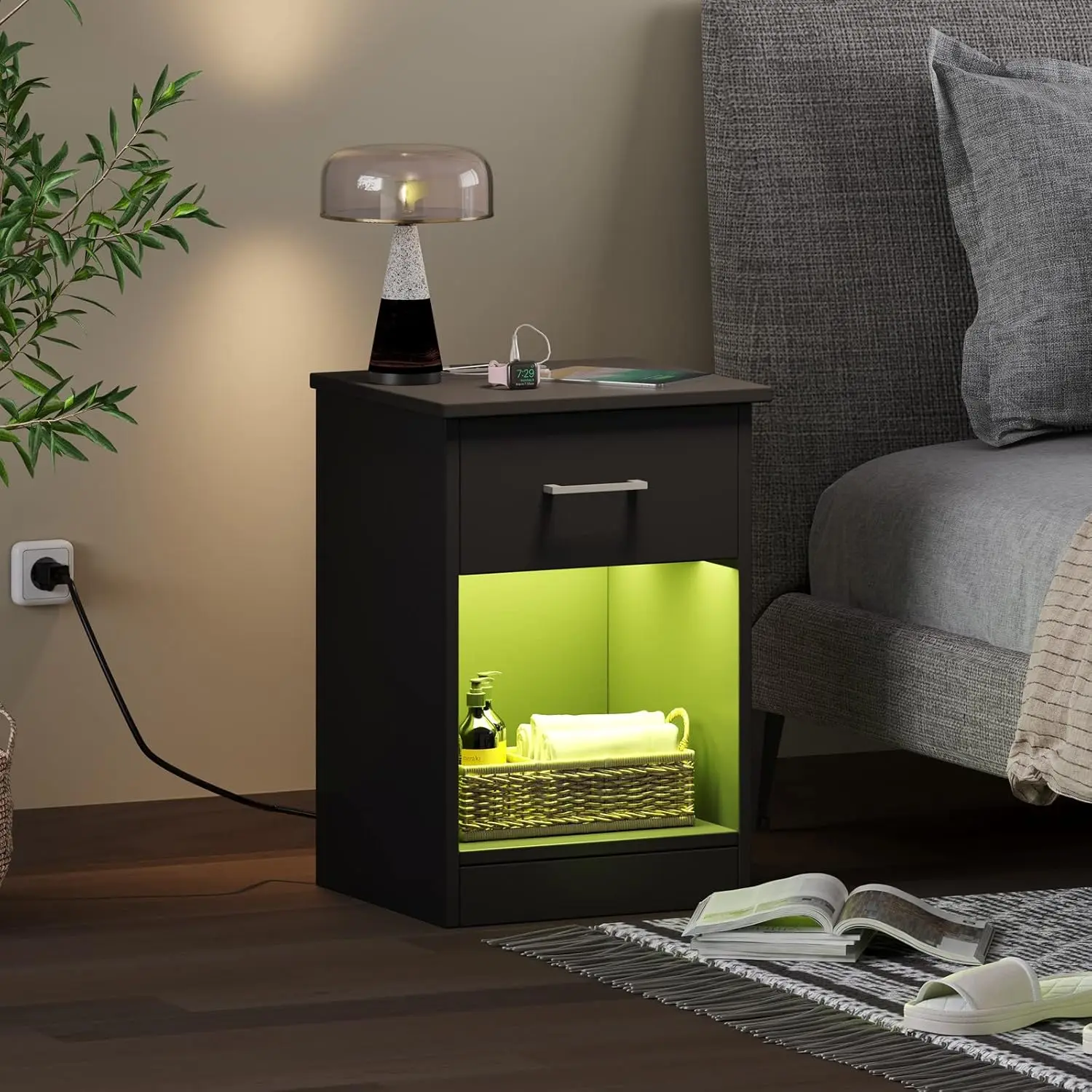 Nightstand with Power Outlets and LED Strip, Sofa Side Table with Charging Station and USB Ports, Wooden End Table, Black