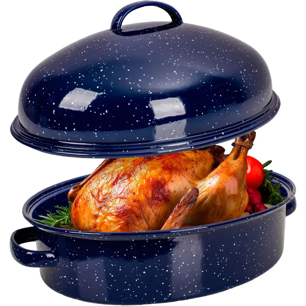 

Large Oval Enamel Roasting Pan with Lid and Rack 18 Inch Dark Blue White Speckled Design for Thanksgiving Christmas Dinner