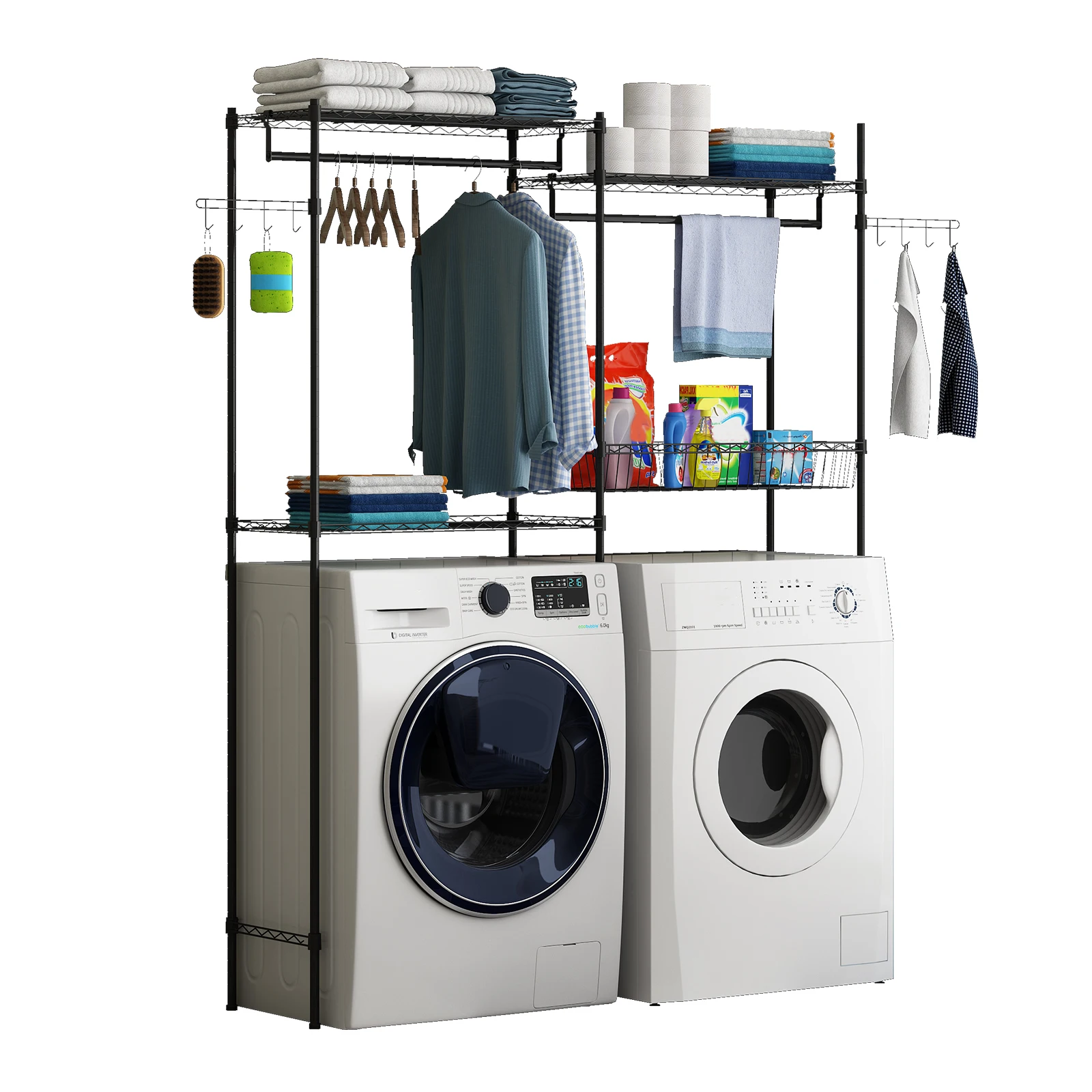 4-Tier Laundry Organizer Shelves Over The Washer and Dryer Storage Shelf Adjustable Laundry Organizer with Hanging Rod Wire Basket Hooks & Hamper