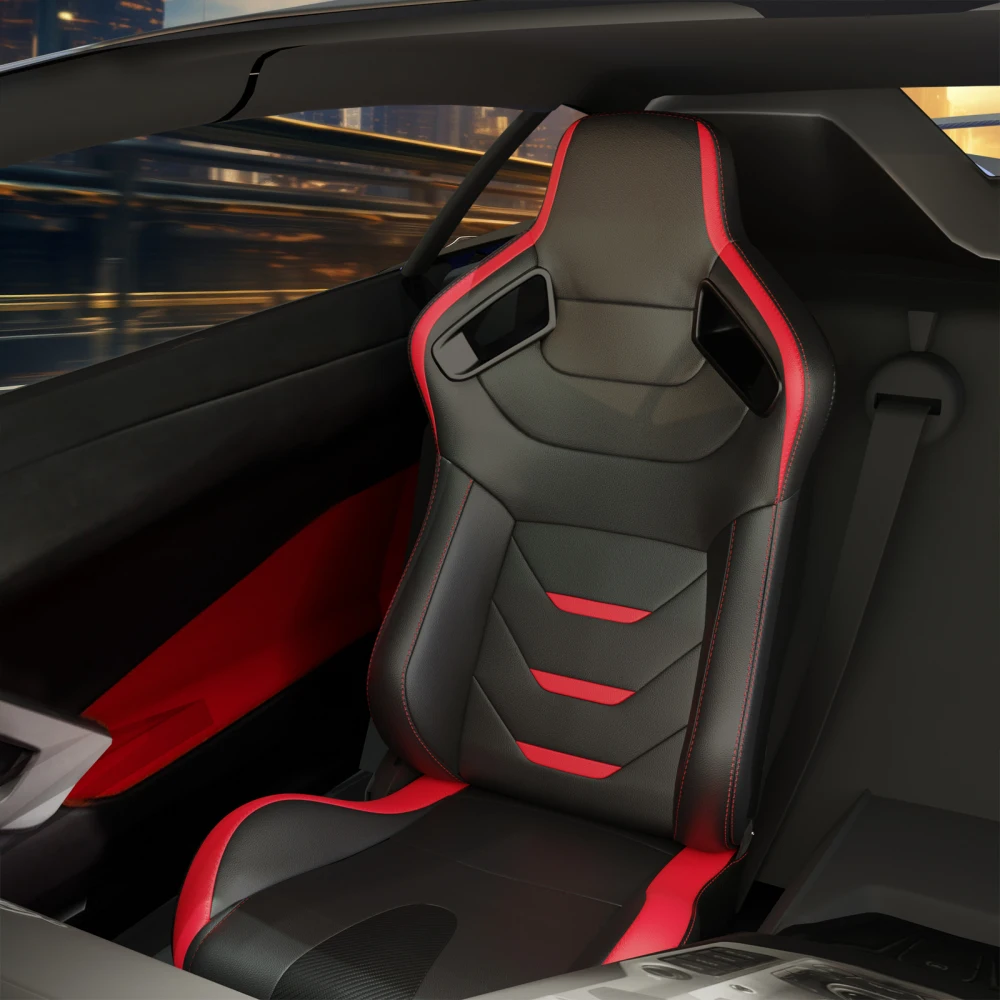 

2PC Racing Seats Red Stitch Red PVC Reclinable Carbon Back W/Adjust Slider (No Brkt)