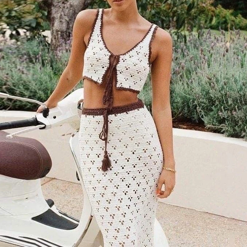 Fashion Contrasting Color Backless Suit Casual Straps Off Shoulder Beach Vacation Outfit Sexy Knitted Hollow Top+Skirt 2pc Set