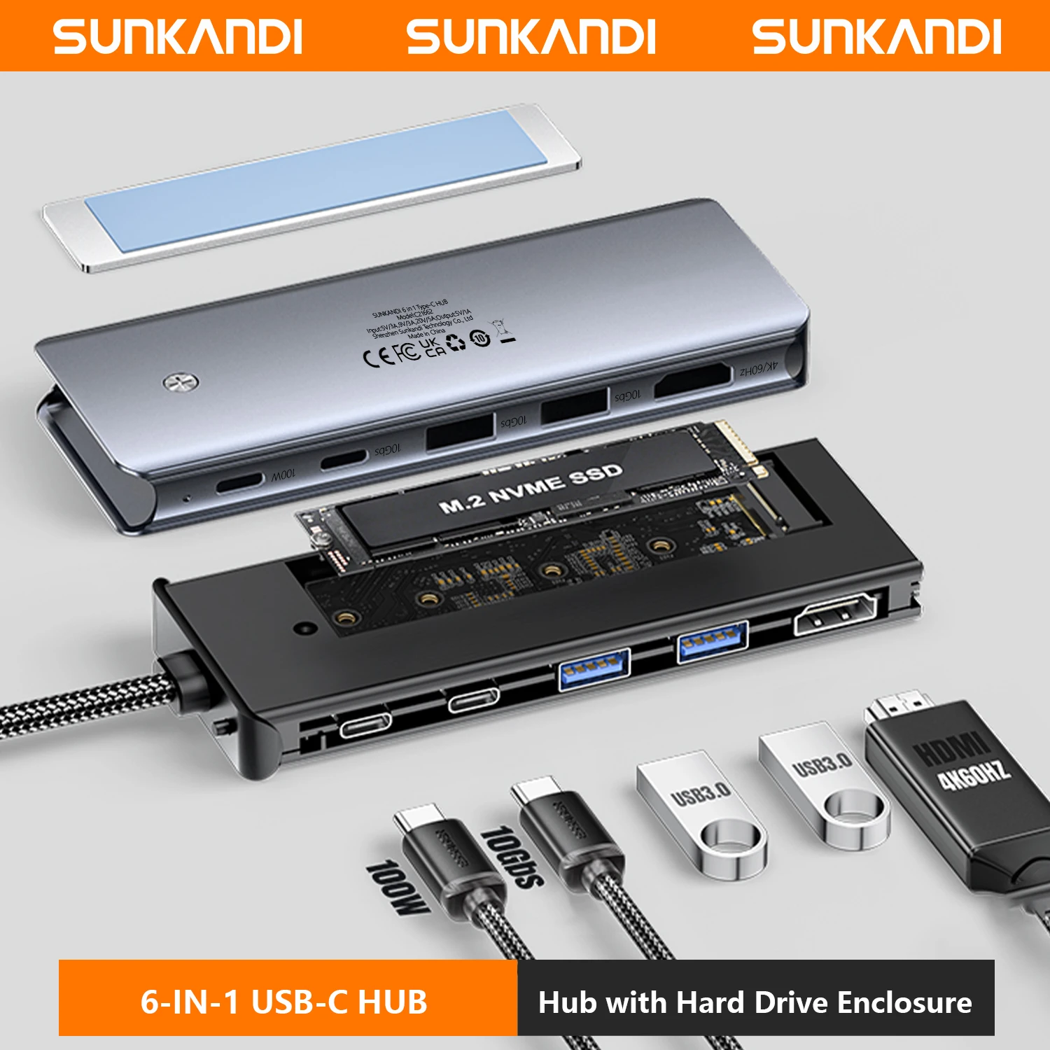 SUNKANDI 6 in 1 USB C HUB(4K@60Hz HD) with 10Gbps External Hard Drive Function for M.2 PCIe NVMe and SATA SSD