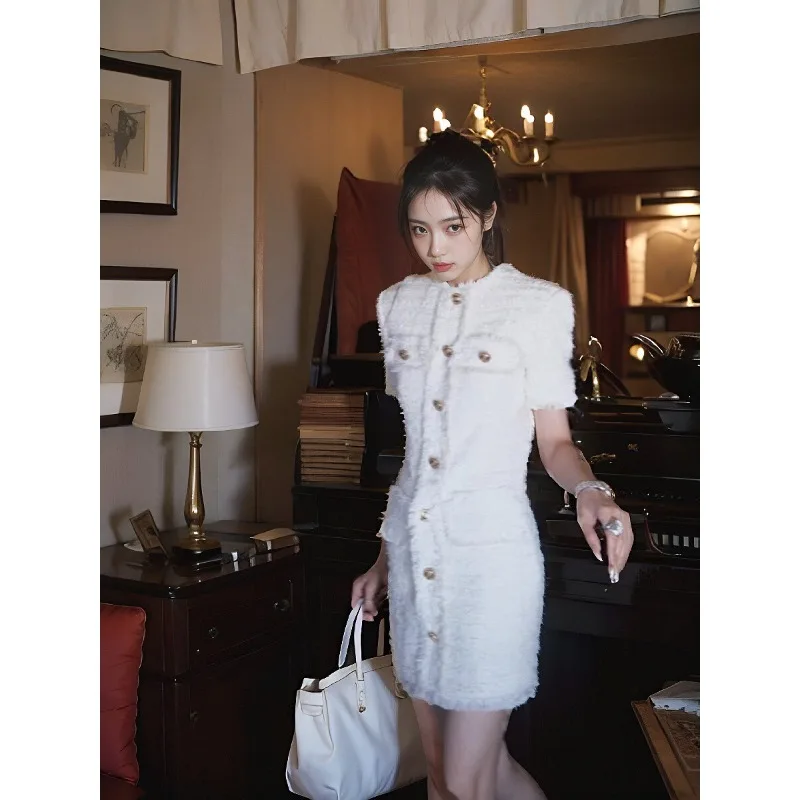 

Teenage Fashion Trend Small Fragrance Style White Retro French Short Sleeved Dress New High Temperament Niche Skirt