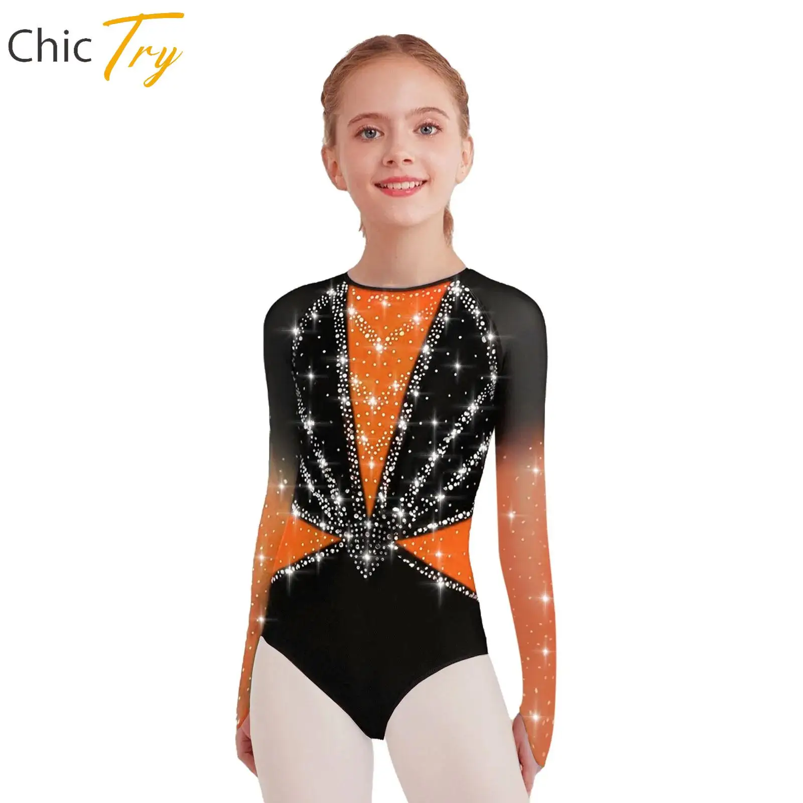

Kids Girls Acrobatics Gymnastics Figure Skating Dance Leotard Ballet Jersey Sparkly Rhinestones Sheer Mesh Bodysuit Dancewear