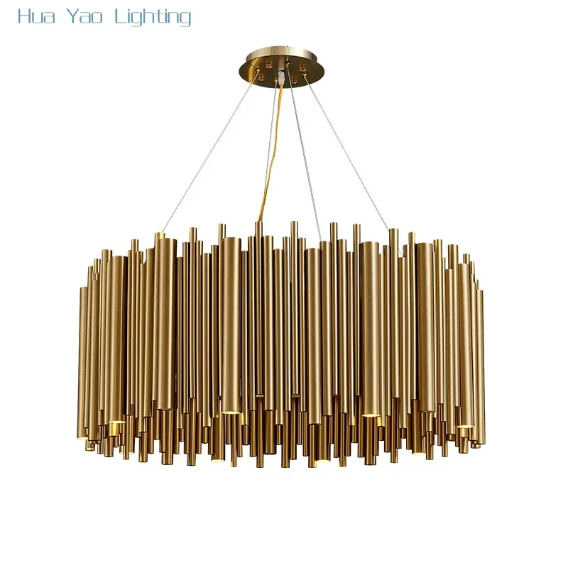

Современная простая золотая потолочная люстра LED, подвесные светильники для гостиной и виллы, креативное интерьерное освещение из нержавеющей стали для помещений
