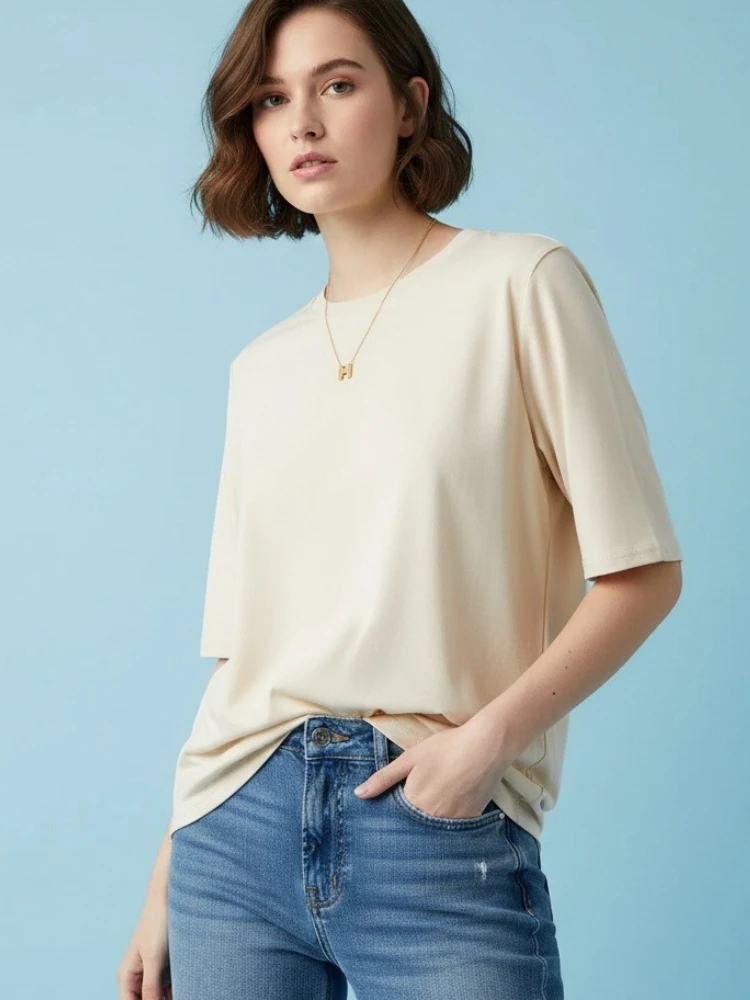 Zjaiss 2026 Sommer 100% Baumwolle Damen T-Shirt Basic Rundhals-Oberteil Modisches Einfarbiges Kurzarm-Shirt für Damen
