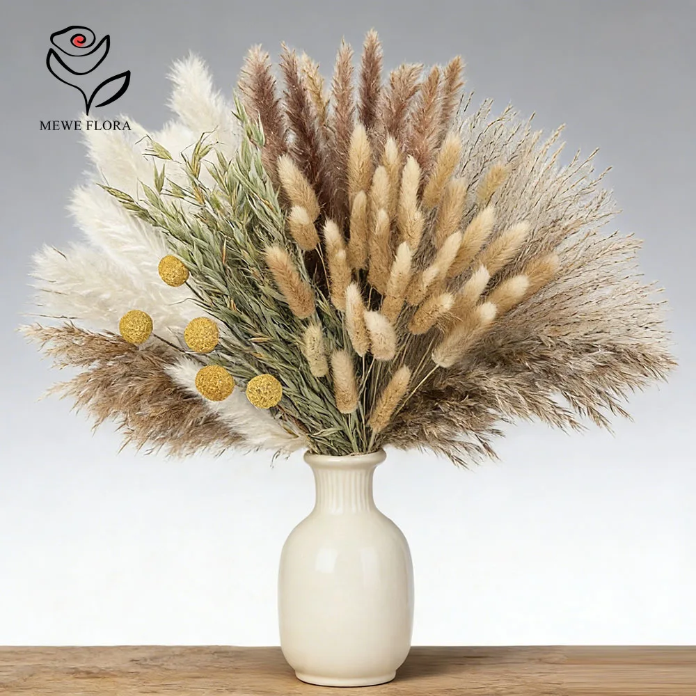 

Artificial Dried Flowers Bouquet 100pcs Fluffy Pampas Oat Grass Golden Ball Floral Arrangement Decor Boho Party Home Vase Filler