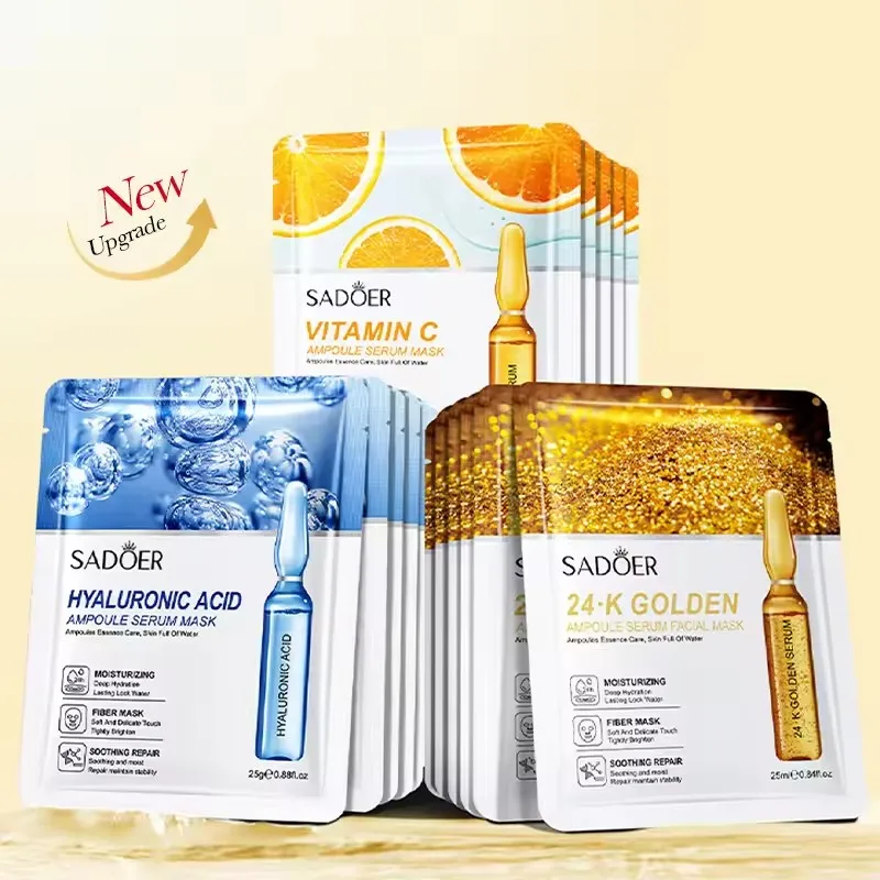 10pcs SADOER Face Mask 24K Gold Vitamin C Hyaluronic Acid Moisturizing Firming Hydrating Skin Care Products Facial Masks