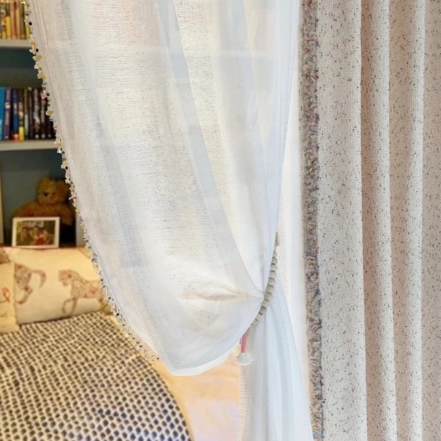 Color Grain Cotton Linen Cream Cotton Linen Thickened Curtains for Linen Lace Splicing Living Room Bedroom French Window