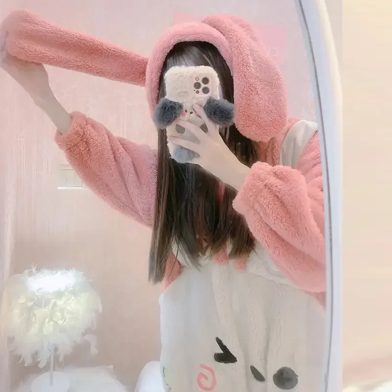 Flannel Rabbit Kigurumi Warm Pajamas Set Anime Cosplay Onesie Women Pyjamas Winter Homewear Girl Animal Costume Party Jumpsuit