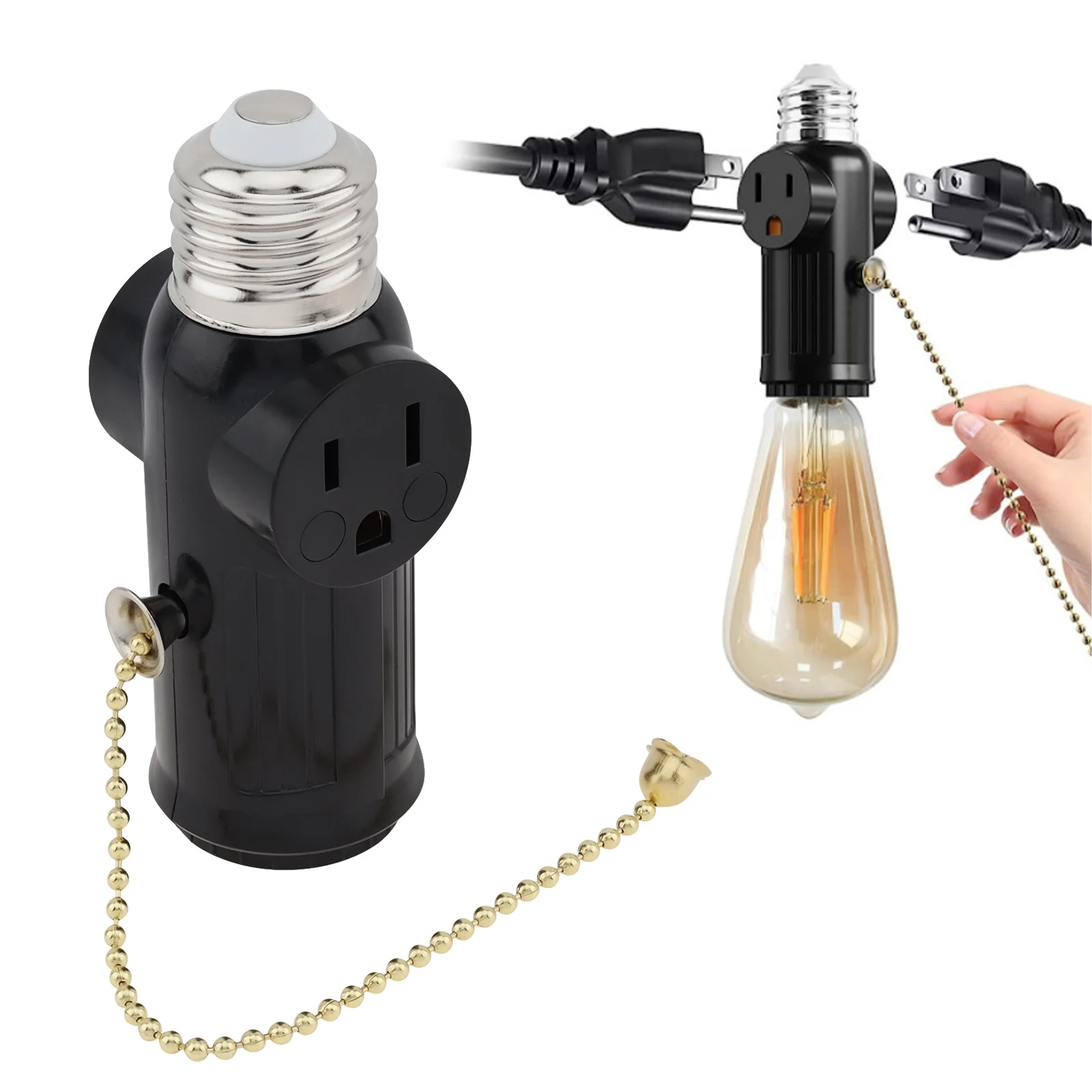 E26 Bulb Screw Socket Outlet Adapter Light Holder Splitter Base Lamp 3 Prong Light Socket to Plug Adapter with Pull Chain Switch