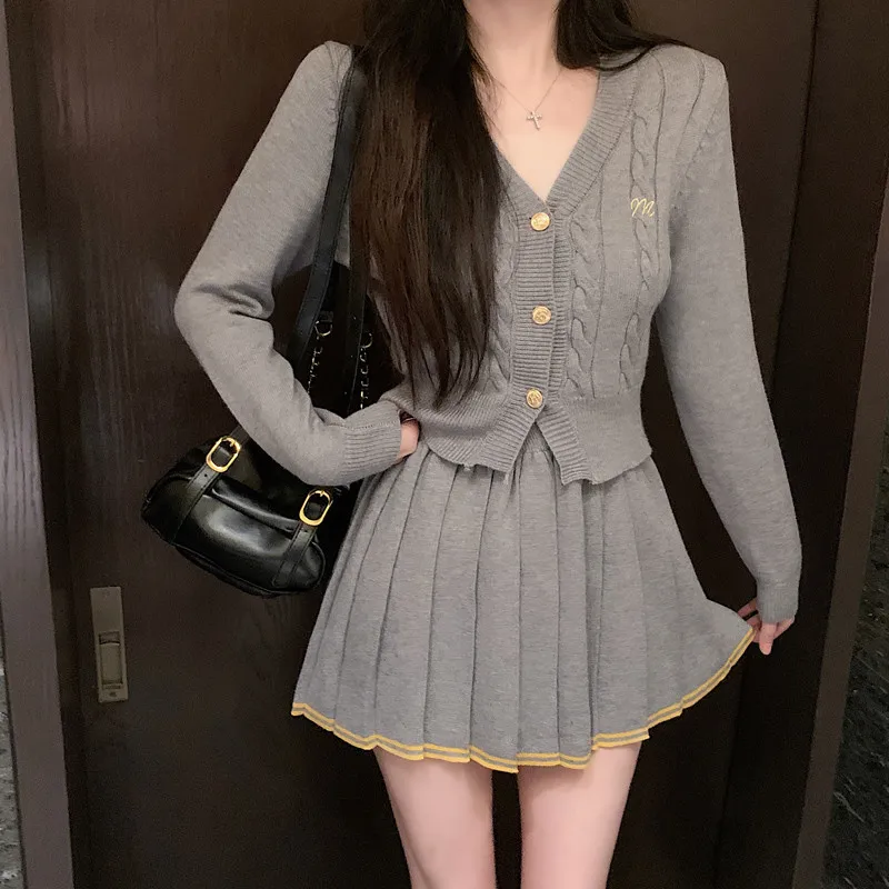 New 2024 Fall Fashion Grey Knit 2 Piece Sets Long Sleeve V Neck Cardigan&Pleated Mini Skirt Women Two Pieces Slim Sweater Suits