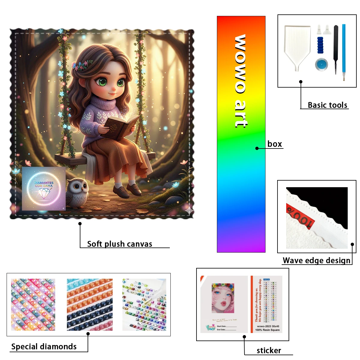 

【Diamantes con Dana】A girl reading a book on the swing 100% resin FD+ab+xc Diamond Stamping Kit Perfect Masterpiece worth Buyi