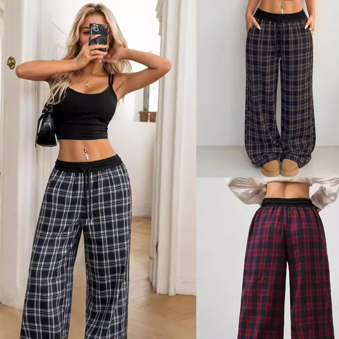 فضفاض عارضة منقوشة المرأة السراويل عالية الخصر مستقيم الساق الأوروبية Sle Faionable الخريف ارتداء للنساء في منتصف العمر #2