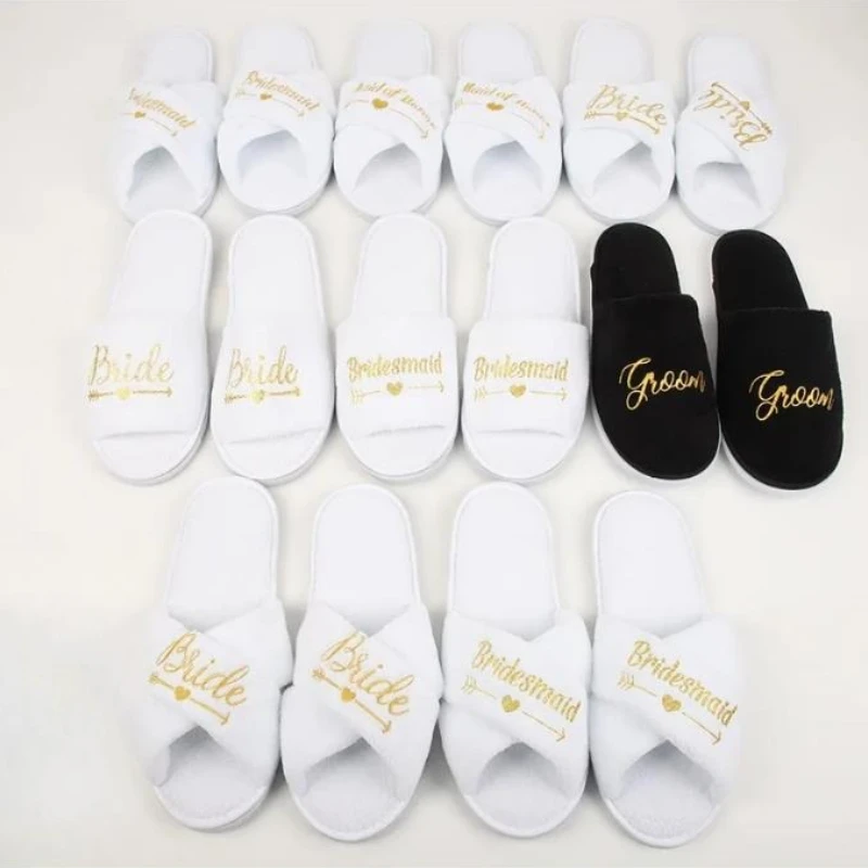 Zapatos sin cordones con estampado de letras para invitados a la fiesta de boda, para novia y despedida de soltera, zapatillas desechables con correa cruzada para fiesta nupcial