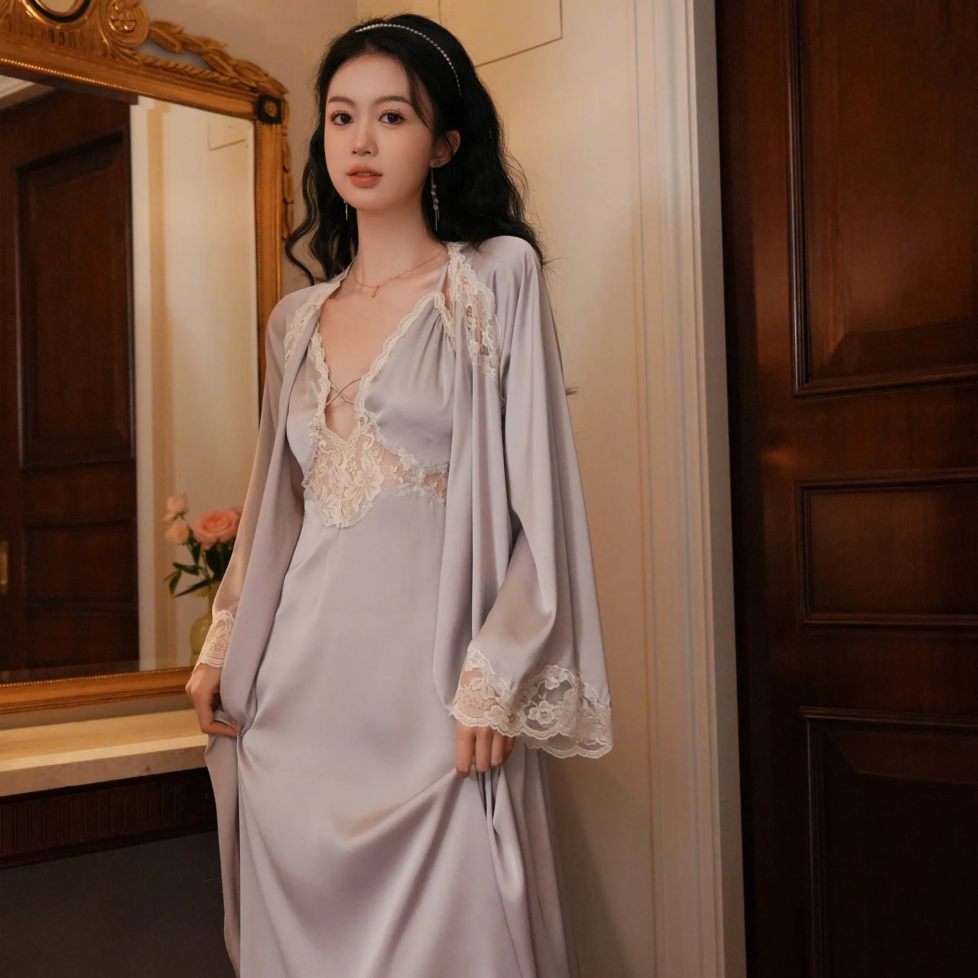 Lady Lace Patchwork Sleepwear Romantic French Style Nightgown for Women Silk Satin Robe Set Sexy Backless Home Dressing Gown