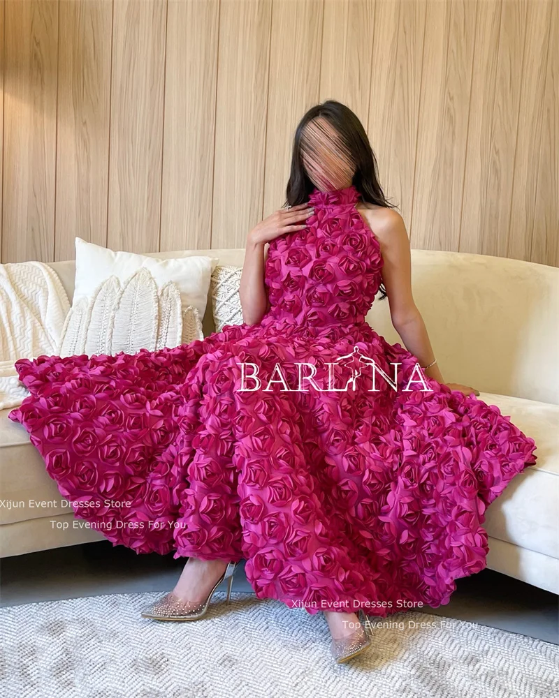 Xijun Fuschia 3D Flowers Short Evening Dresses Sleeveless Luxury Prom Dresses Dubai Saudi Arabric Party Gowns Formal Dresses