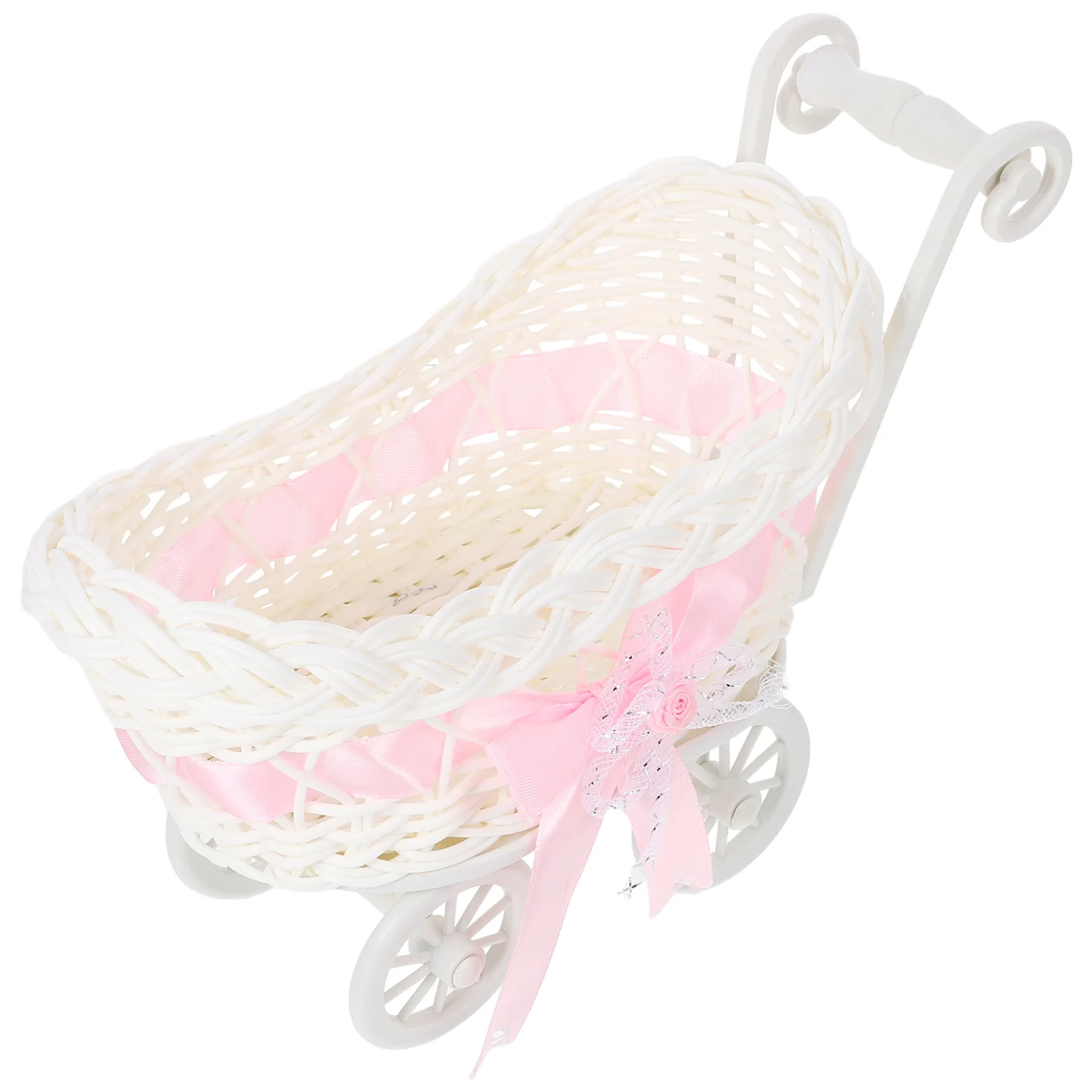 

Wedding Party Display Basket Simulated Rattan Flower Baby Rolling Cart Serving Fan Pink Hamper