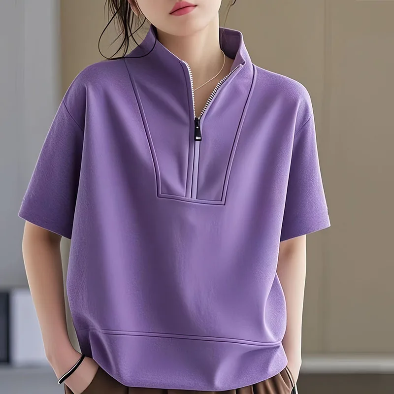 

Fashion Stand Collar Zipper Solid Color Blouses Women Clothing 2025 Summer New Loose Short Sleeve All-match Tops Casual Shirts