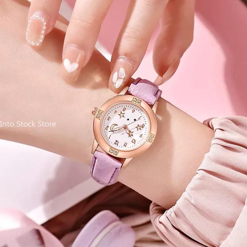 Casual Cute Star Moon Luminous Children Watch for Women Girls New Leather Female Ladies Wristwatch Quartz Clock Montre Femme