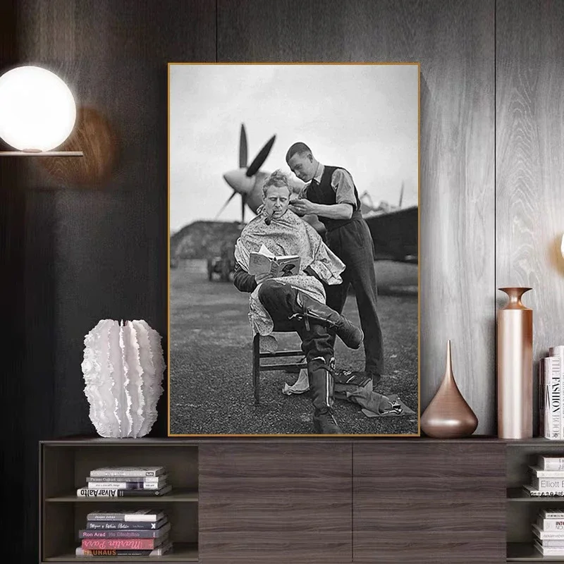 أسود أبيض الشعر صالون ديكور خمر صور WW2 الطيار حلاقة المشارك يطبع صالون حلاقة الرسم على لوحات القماش الجدارية مصفف شعر G