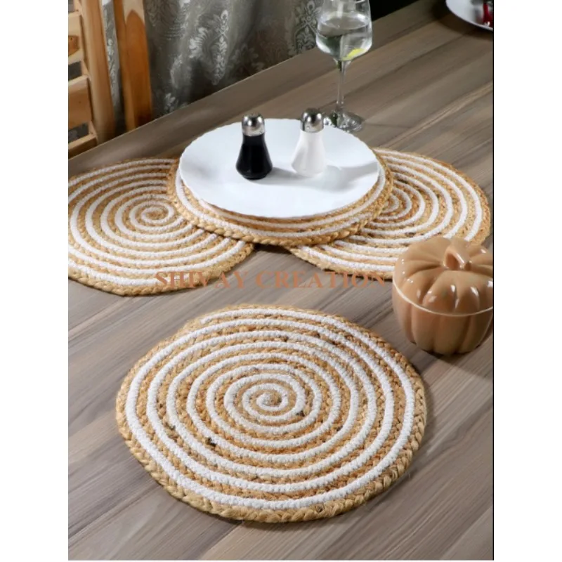 

2pcs Table Mat 100% Jute Cotton Round Coaster Braided Dining Tableware Placement