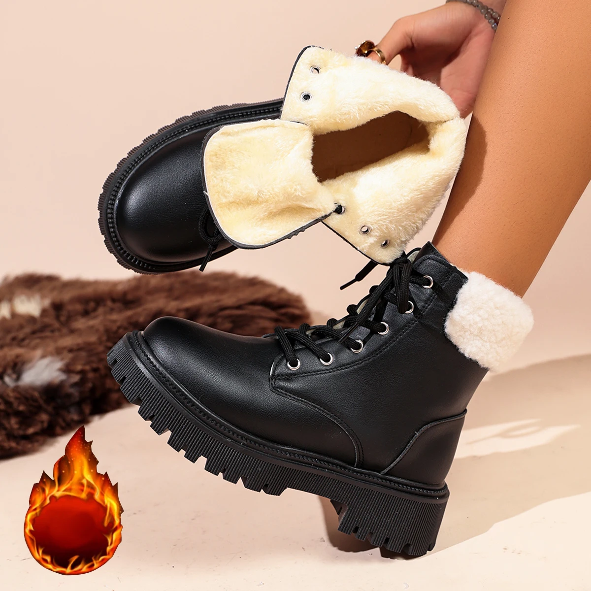 Winter Comfortable Plush-Lined Ankle Boot Women's Fashion Thick Platform Combat Boots Woman Black Pu Leather Lace Up Botas Mujer