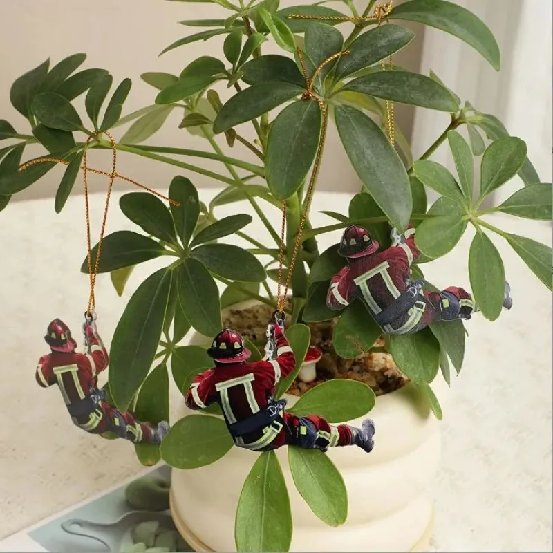 Firefighter Fireman Car Decoration Pendant Flat Wooden Keychain Acrylic Ornament for Christmas Tree Rearview Mirror Hanging