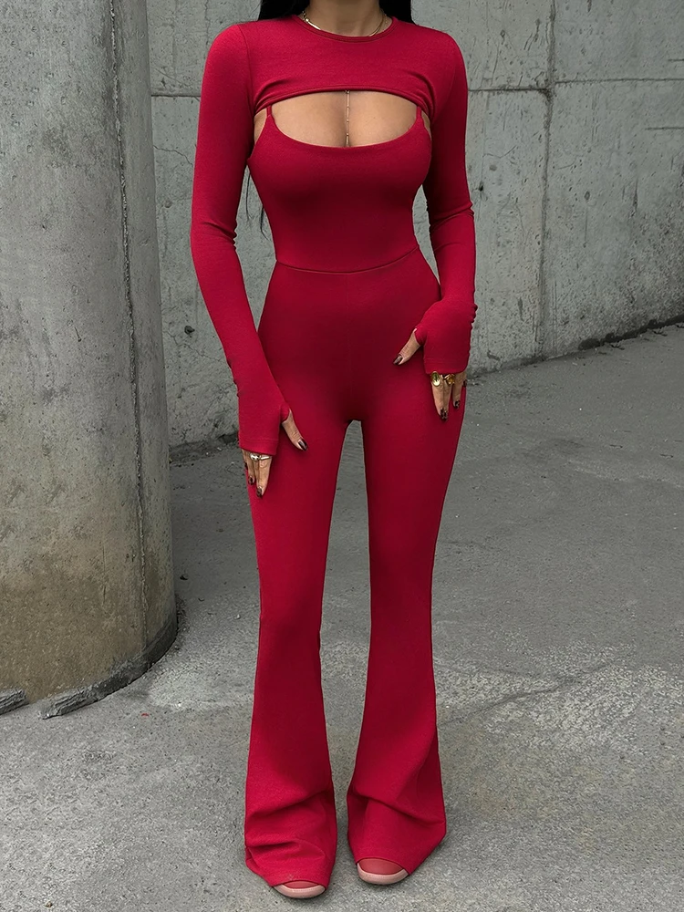 

Fantoye Bodycon Hollow Out Two Piece Sets Women Jumpsuit Long Sleeve Top Spaghetti Strap Playsuit Winter New Elegant Women Sets