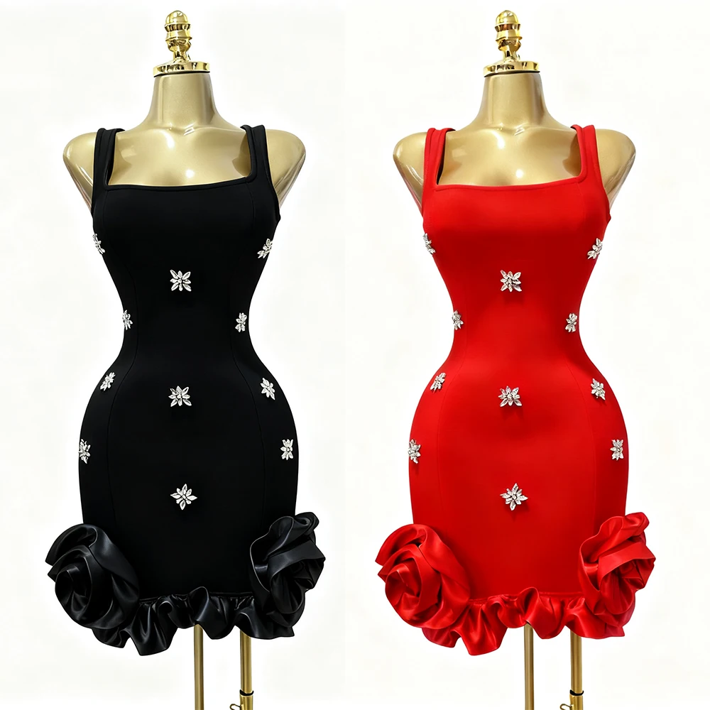 Minivestido Sexy Floral 3D ceñido con diamantes de imitación, sin mangas, sin espalda, con volantes, vestidos cortos de lujo, trajes de fiesta de noche y cumpleaños