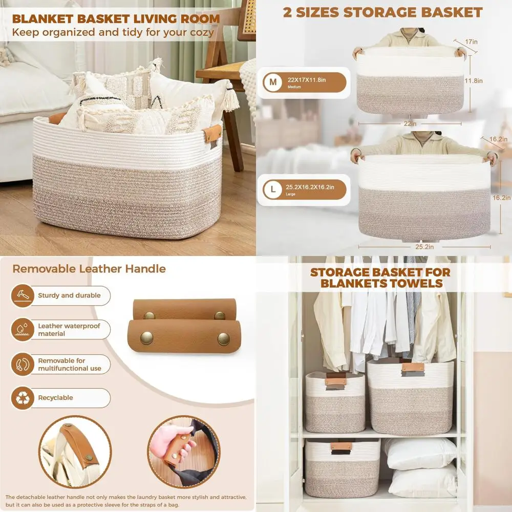 

108L Large Blanket Basket for Living Room, Woven Storage Basket with Leather Handles, Cotton Rope Storage Organization in Nurser