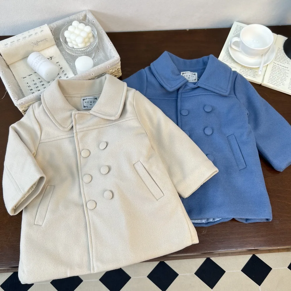 Overcoat Thickened Double-breasted Mid-length Coat Boys Grils Children Solid Ins Simple Loose Casual New Autumn Winter