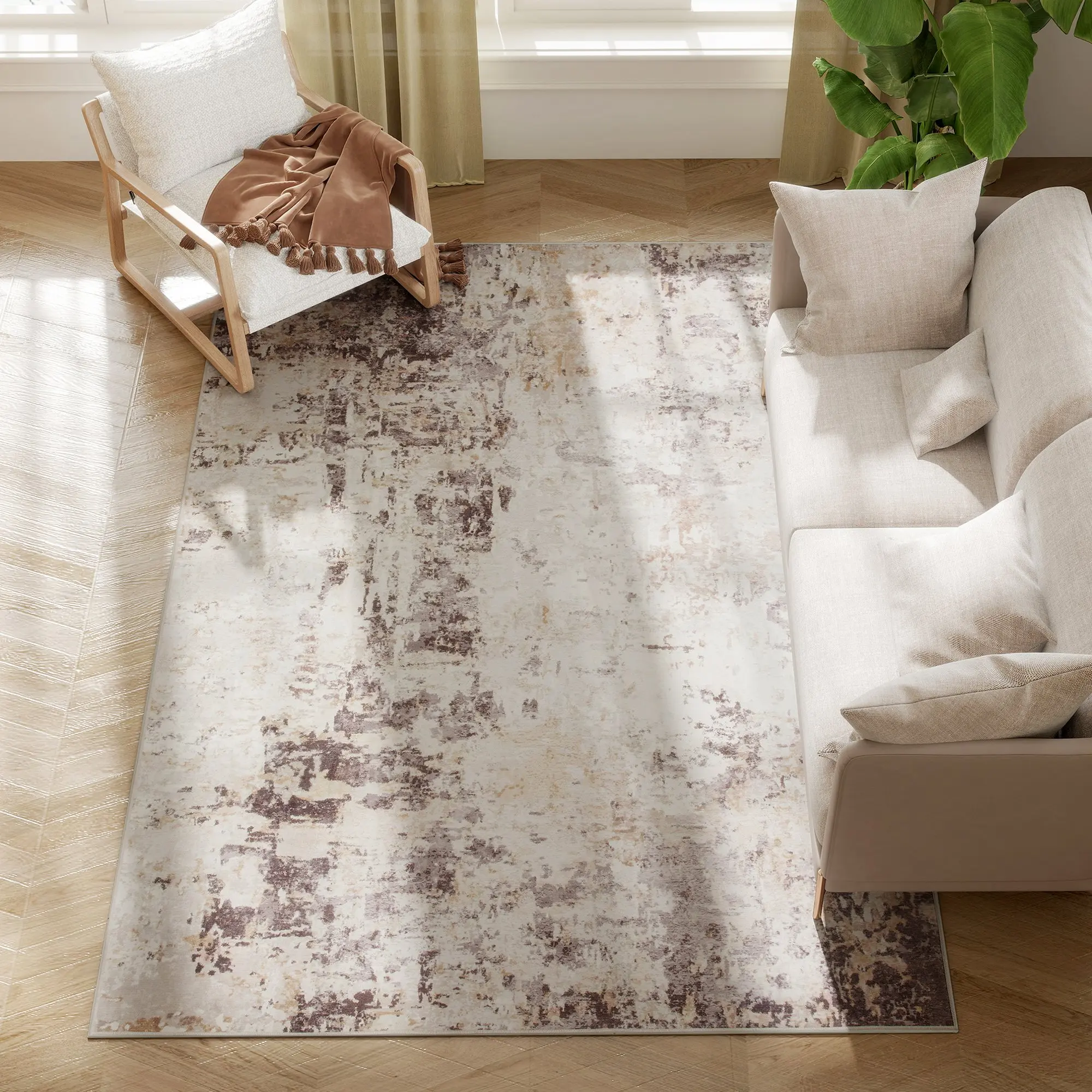 Area Rug 5x7, Machine Washable Rug, Distressed Non-Slip Modern Abstract Floor Cover Foldable Carpet, Mixed-Brown