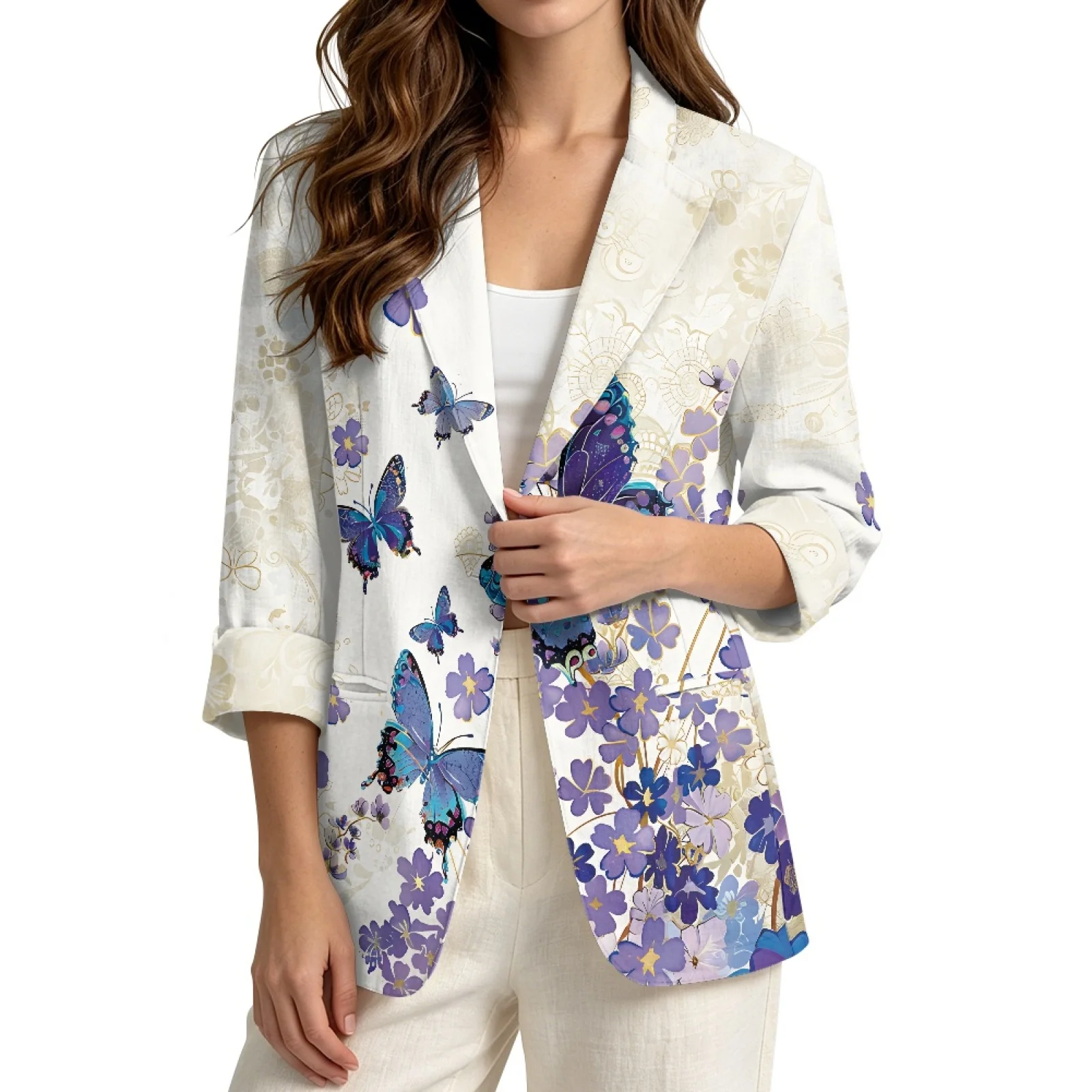 PENSTROLL Purple Butterfly Floral Linen Style Open Cardigan for Beach Soft Cardigan Jacket Outerwear
