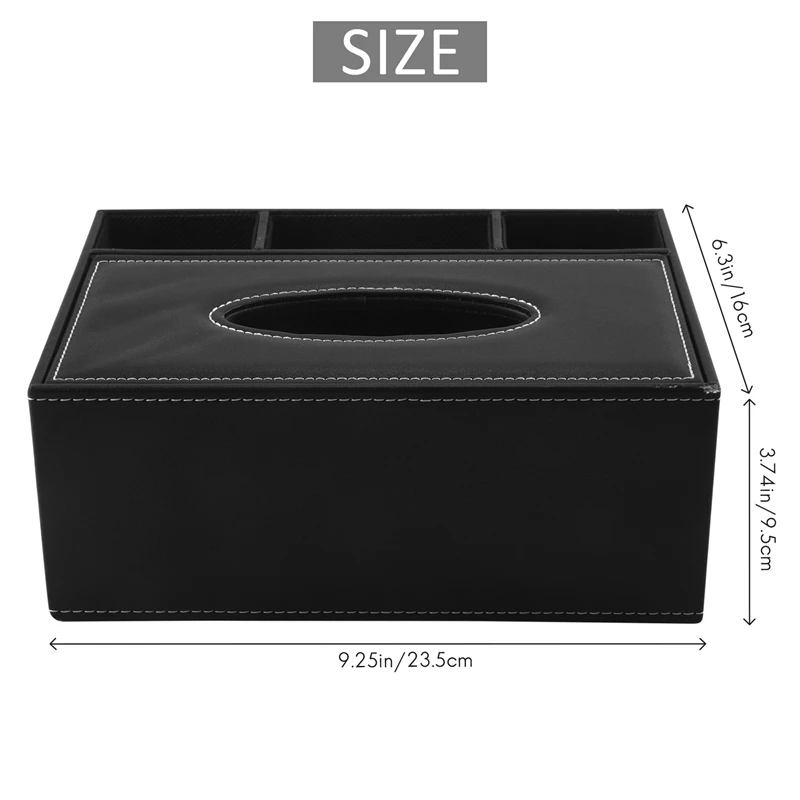 PU Tissue Box Remote Control Holder Multifunctional Desktop Organizer Pencil Scissor Container (Black)