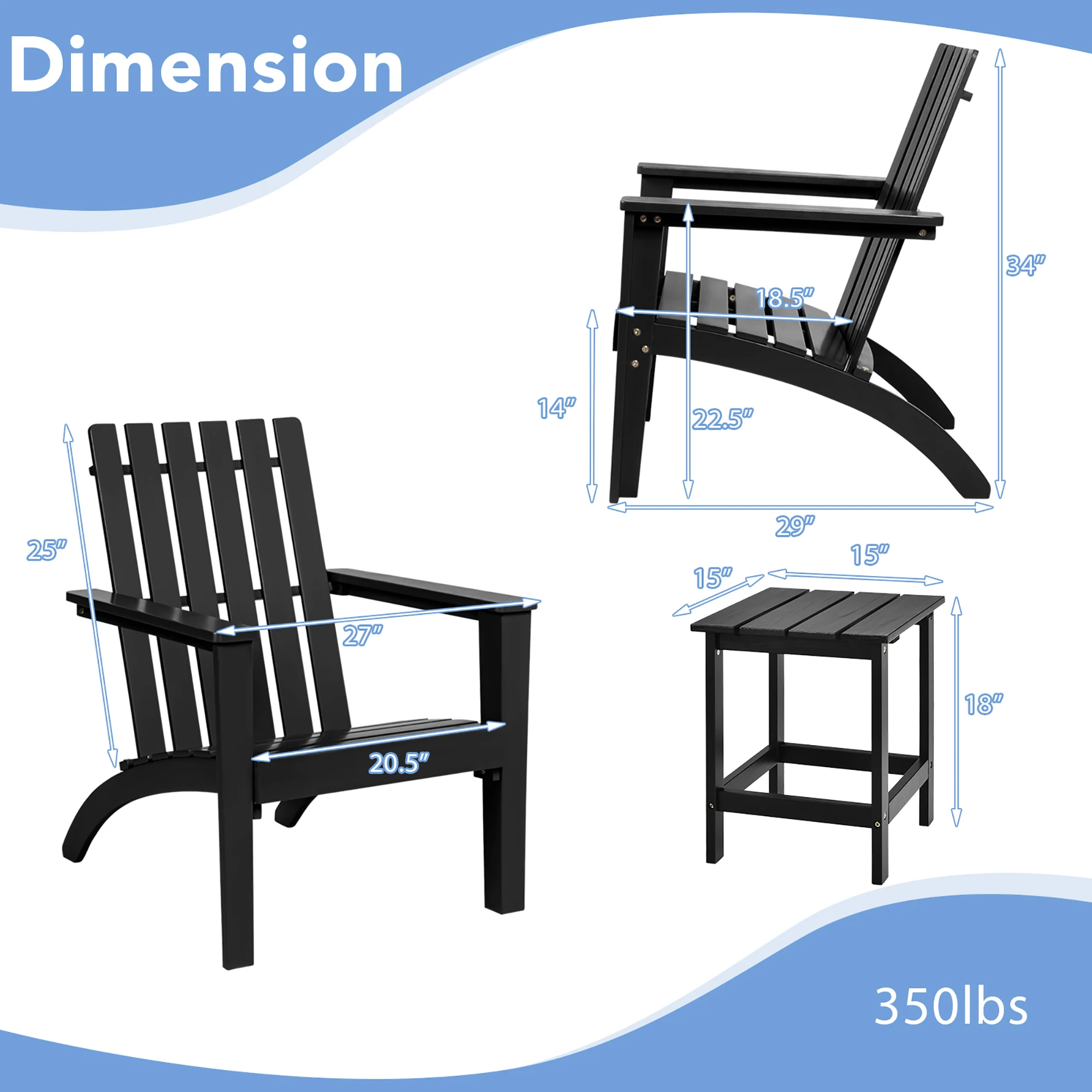 3PC Patio Adirondack Chairs Side Table Set Solid Wood Garden Deck Black