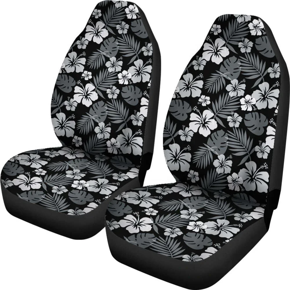 Black With Hibiscus Pattern In Gray and White Car Seat Covers Hawaiian,Pack of 2 Universal Front Seat Protective Cover