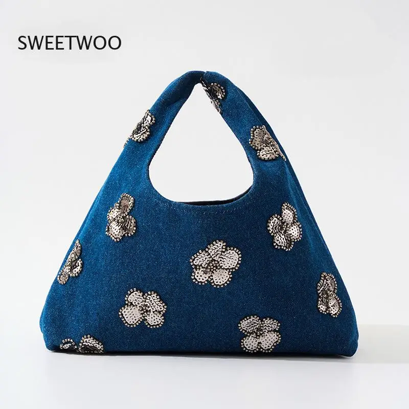 

Vintage Denim Tote Bag with Floral Sequin Embellishment Casual Handbag